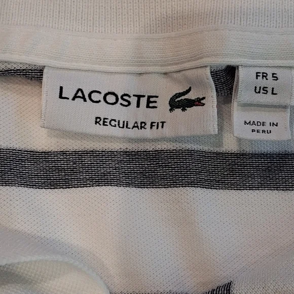 Lacoste Big Gator White & Gray Striped Short Sleeve Polo Shirt Size FR 5 L - Picture 4 of 5